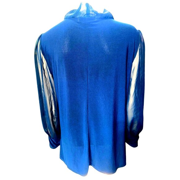 Adele May Navy Blouse Large Sheer Sleeve Tie Neck Keyhole Romantic Soft Glam - Picture 5 of 10